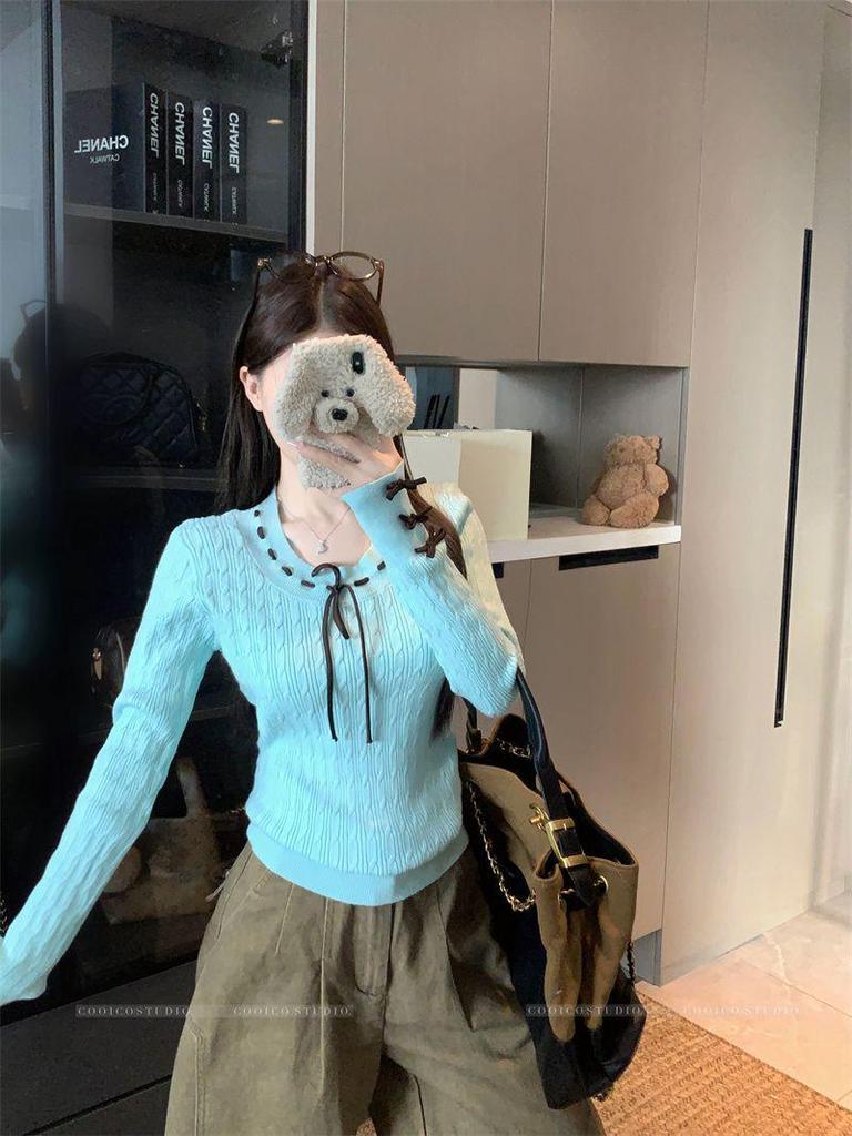 Korean Academy Bow Tie Lace-up Long Sleeve Knitwear: Women's Slimming Base Layer Sweater for 2025 Autumn/Winter