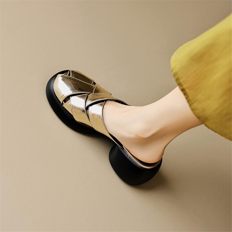 Fashion 2025 Summer Sandals Split Leather Round Toe Slippers Platform Gladiator Shoes Chunky Heels Shoes for Women Handmade High Heels