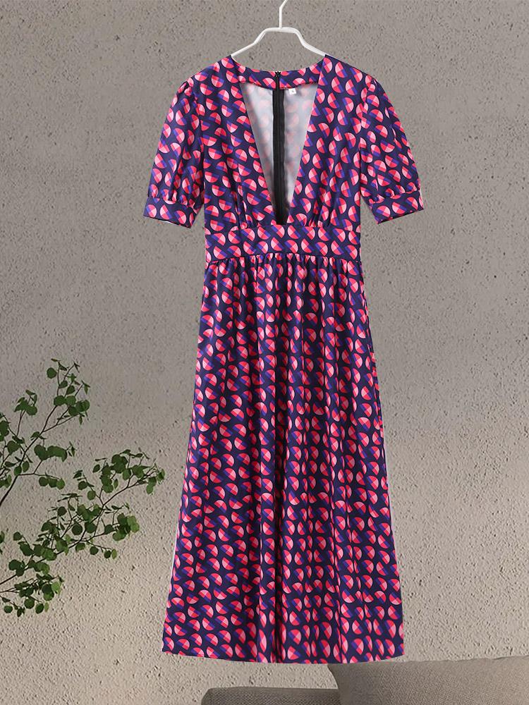Summer Purple Printed Deep V-neck Women Dress Pleated Puff Sleeve A-line Party Evening Lady Robe