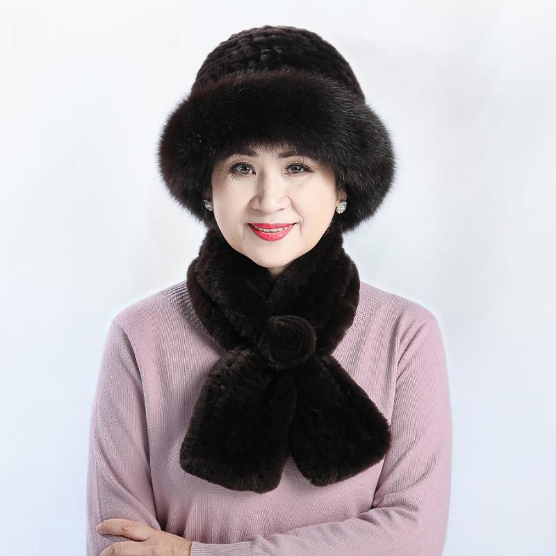 Fur Hat Female Winter Warm Rex Rabbit Hair Old Lady In The Elderly Mother Grandma Thickened Warm Hat Scarf