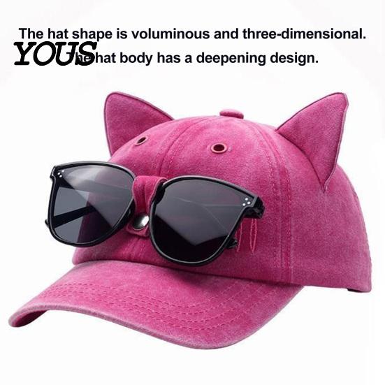 Teenager Adult Adjustable Hat Cat Ear Trucker Hat, Baseball Cap with Detachable Sunglasses, Polyester Sports Pilot Style for Outdoor Travel
