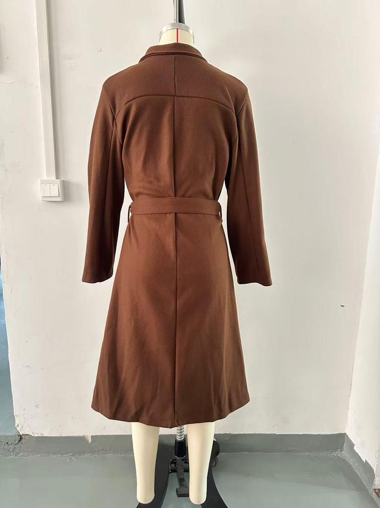 2025 Extra Long Double-Breasted Wool Coat with Tie – Solid Color Lapel for Spring and Autumn