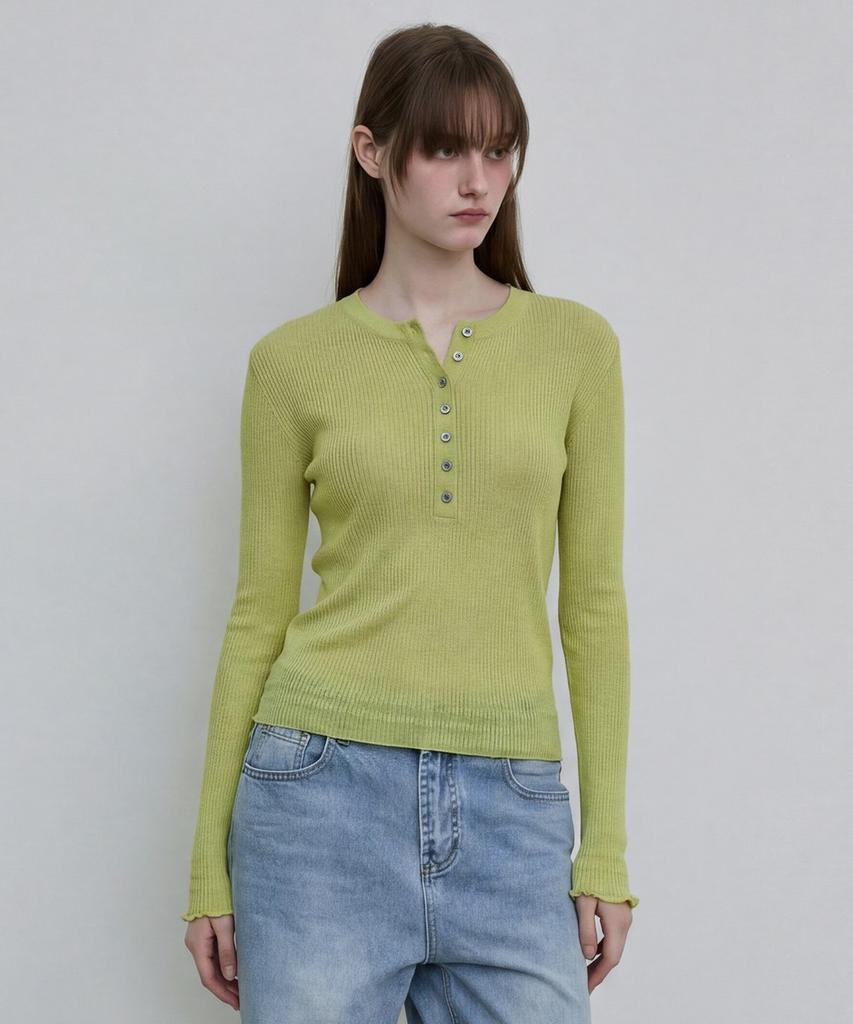 DEETO Sheer Ribbed Henley Top [Green]