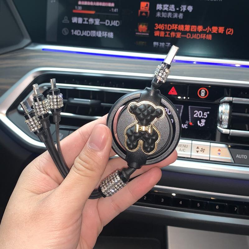 

Автомобильное зарядное устройство со стразами 1 в 3 Дата-кабель Очаровательный милый медведь Авто Быстрая зарядка Автомобильные Блестящие аксессуары для Android iPhone чёрный