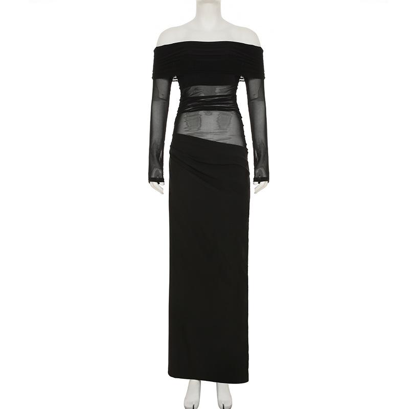 Damskie sukienki Spice Girls z seksownym, przezroczystym temperamentem, plisowaną talią, jednym ramieniem, siateczką i długim rękawem