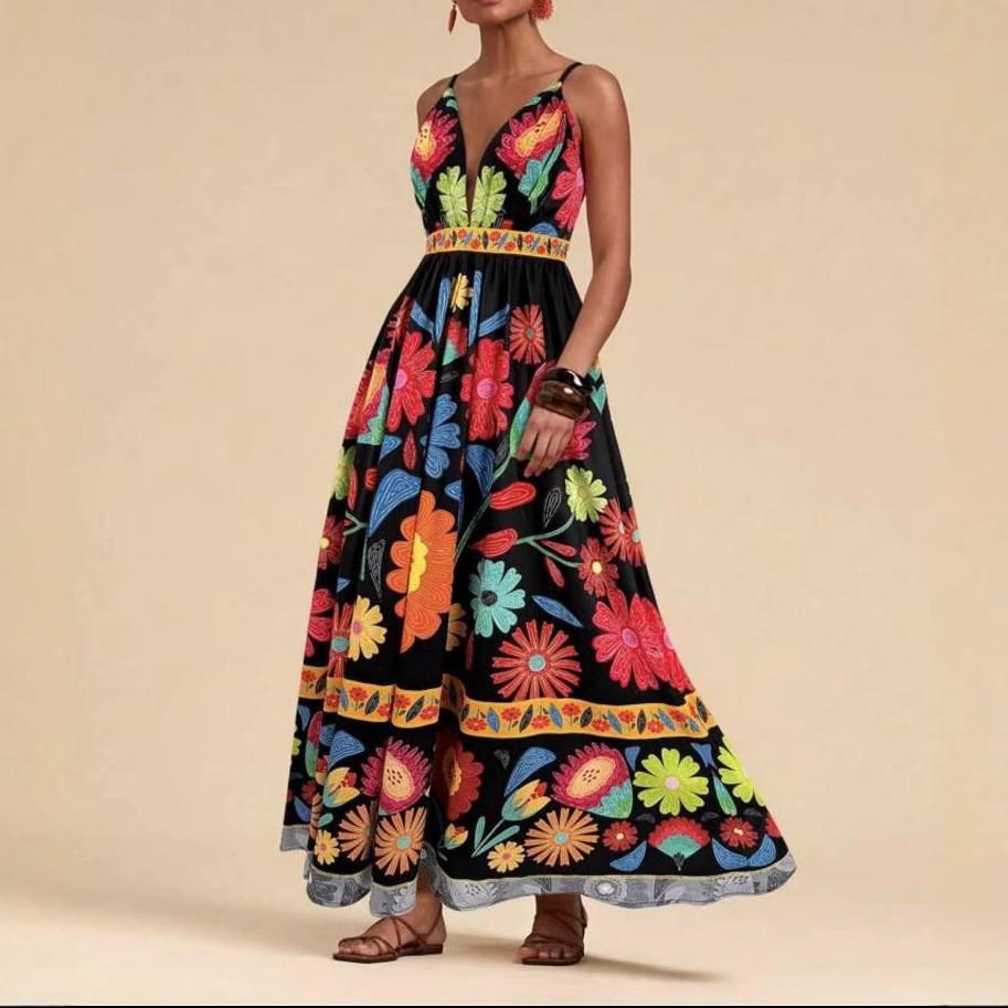 Cross-border Europe, America, Amazon 2026 summer new ethnic style fashion sexy slim print suspender dress