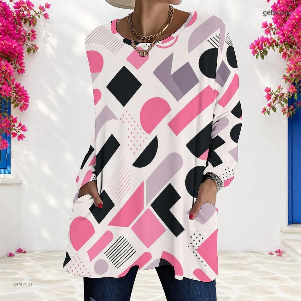 Women Plus Size Round Neck Long Sleeve Geometric Printed Loose Longline T Shirt With Pockets
