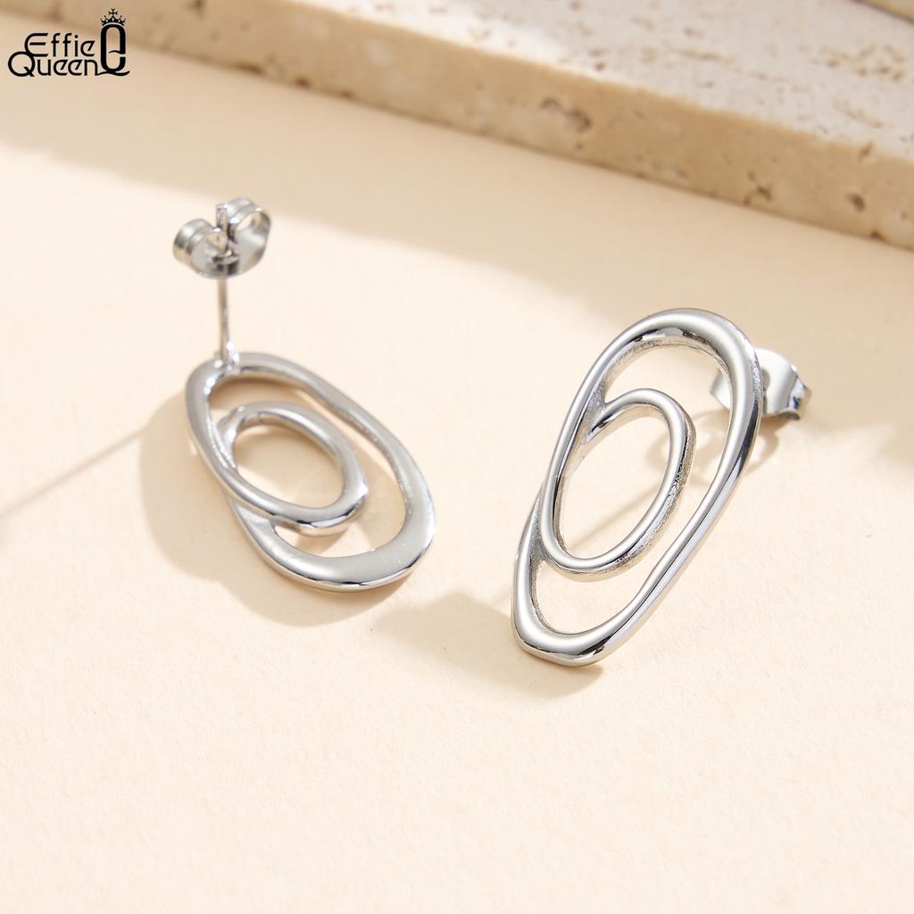 Effie Queen Stainless Steel 18k Gold Two Circle Hoop Earrings Simple Jewelry for Women Wedding Party Accessory for Ear STKE13