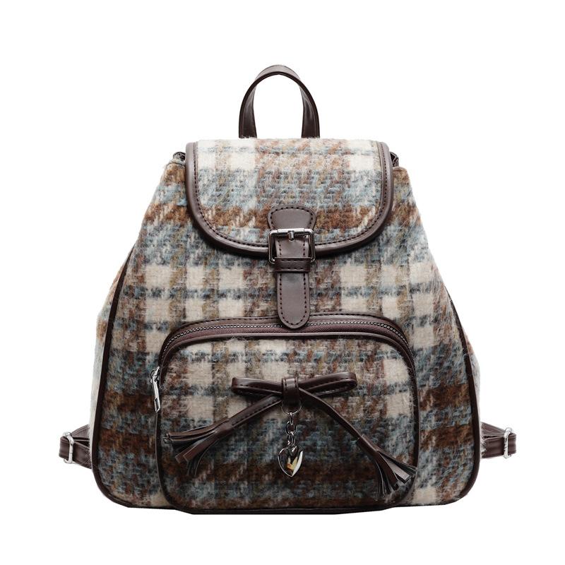 2025 niche women's bags contrasting color woolen backpack Korean version ins trendy fashion casual tote bag handbag bag