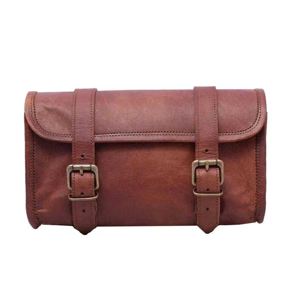 Goat Leather Motorcycle Strap Buckle Closure Tool Bag Genuine Vintage Brown Best