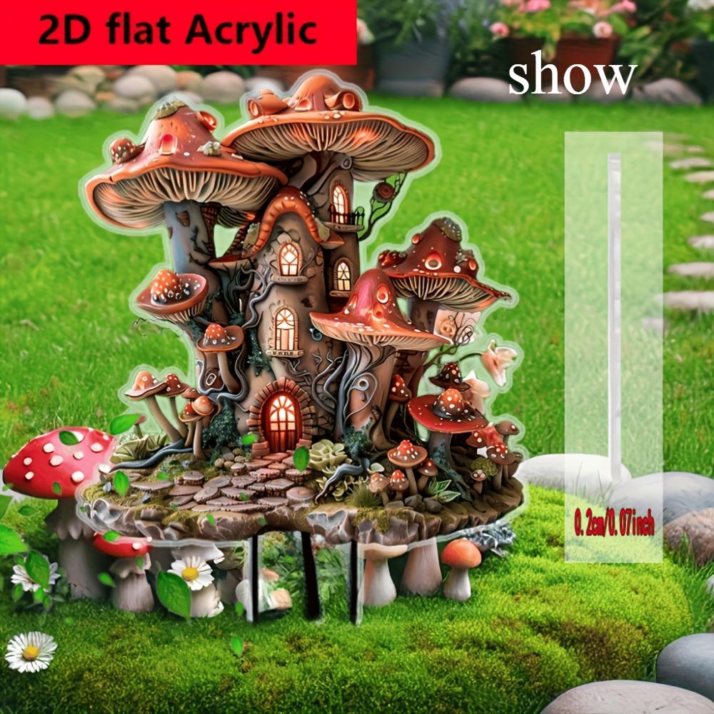 2D Flat Bohemian Mushroom House Outdoor Acrylic Insert - Decorative Garden Plug, Garden Art Accessories, with Enchanting Landscape Decoration