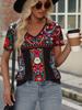 2025 Hot Selling Europe America Women's T-shirt Summer Bohemian Printed V-neck Short Sleeve Loose Casual Vacation Daily Top