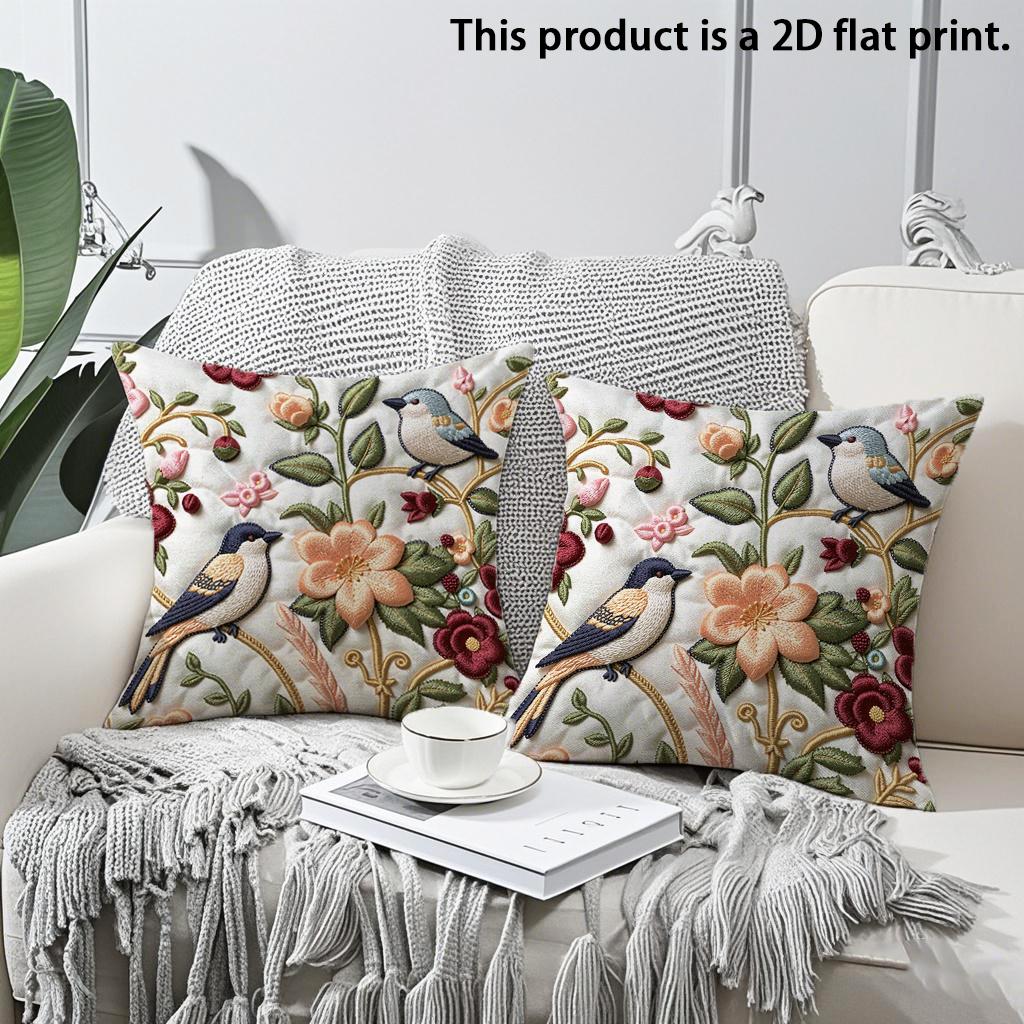 

2pcs Vintage Botanical Bird Floral Throw Pillow Covers 2D Flat Print Decorative Cushion Cases for Sofa Bedroom Living Room 45x45cm-2pcs