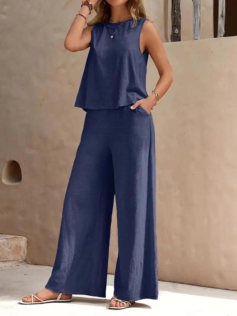 2025 Elegant Solid Color Two-Piece Set: Crew Neck Tank Top & Wide-Leg Pants for Women
