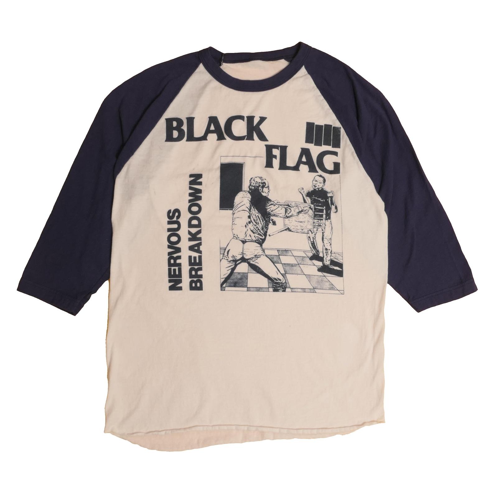 Black Flag Nervous Breakdown Raglan Baseball Tee Raymond Pettibon Album Art Vintage American Punk Rock Band Faded Off White Shirt - M XL