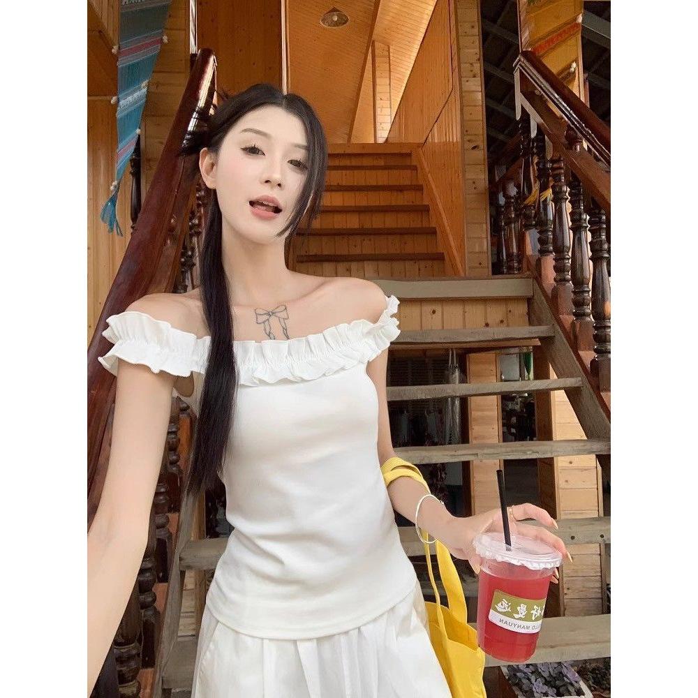 

Pure desire one-word shoulder T-shirt women s summer new design gray fungus edge slim-fitting sweet Spice Girl top s ( 40-45kg )