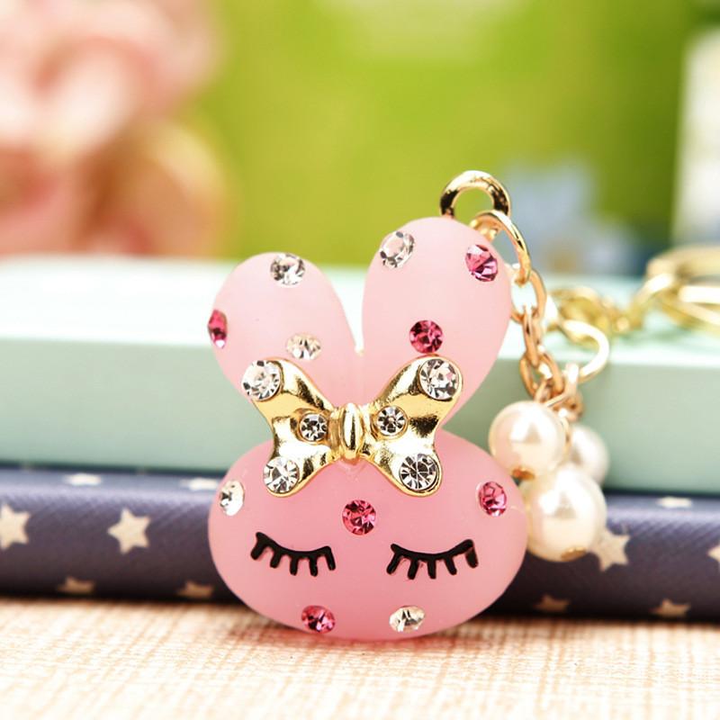 Adorable Rhinestone Rabbit Car Keychain Cute Creative Metal Keyring Gift For Women