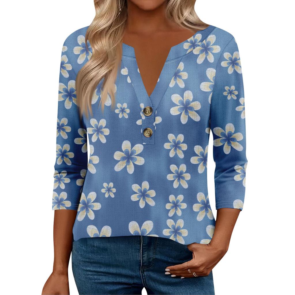 3/4 Sleeve Womens Tops For Women Henely Tops Button V Neck  Loose Fit Dressy Womens Summer Tops