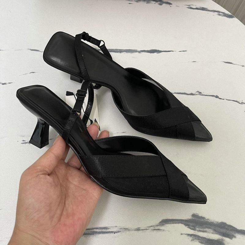 

Fashion Trendy Brand 2025 French Pointed-Toe Style Cross-Mesh Thin Heel High Heels With Elastic Backheel Straps For Women S Sandals 40 чёрный
