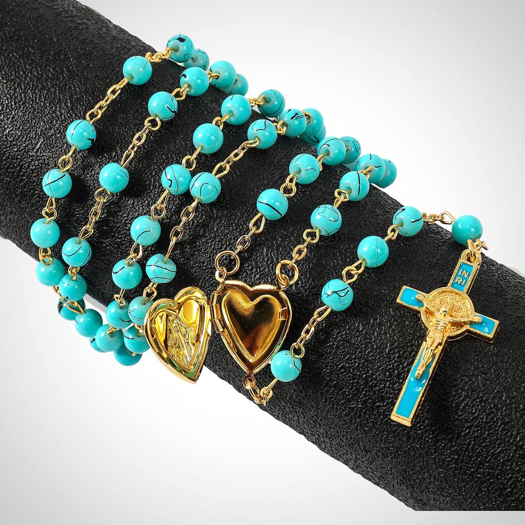 Saint Benedict Rosary Turquoise Glass Beads St. San Benito Cross Nr Medal Catholic Necklace