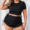 2024 Conservative Plus Size Solid Color Drawstring Swimsuit Bikini with Boxer Shorts