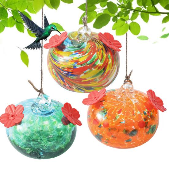 Stained Glass Hummingbird Feeder Droplet Shaped Hanging Birds Feeder Hummingbird Feeder with 2 Flower Feeding Ports for Outside Garden Courtyard