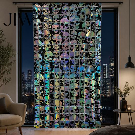 Holiday Wall Decor Halloween Skull Foil Fringe Curtain, Iridescent Disposable Tablecloth, Theme Decoration Table Cover Tinsel Backdrop for Party