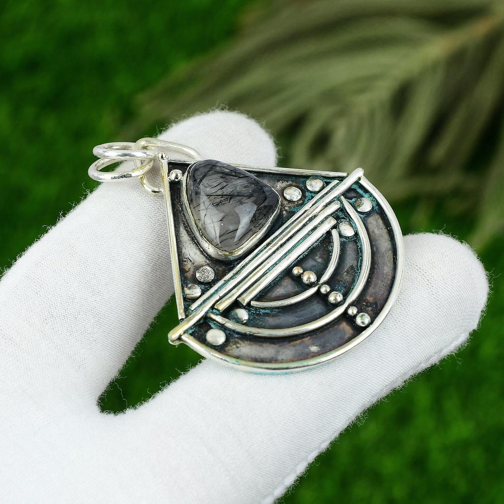 925 Sterling Silver Black Rutile Gemstone Birthday Sister Elegant Boho Pendant