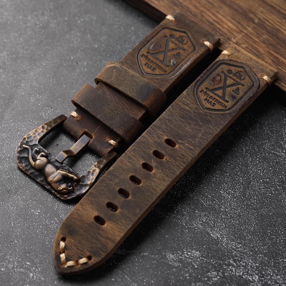 

Ремешок для часов из коричневой коровьей кожи ручной работы для бронзовых часов, утолщенный коричневый 20 22 24 26, мужской браслет 26mm
