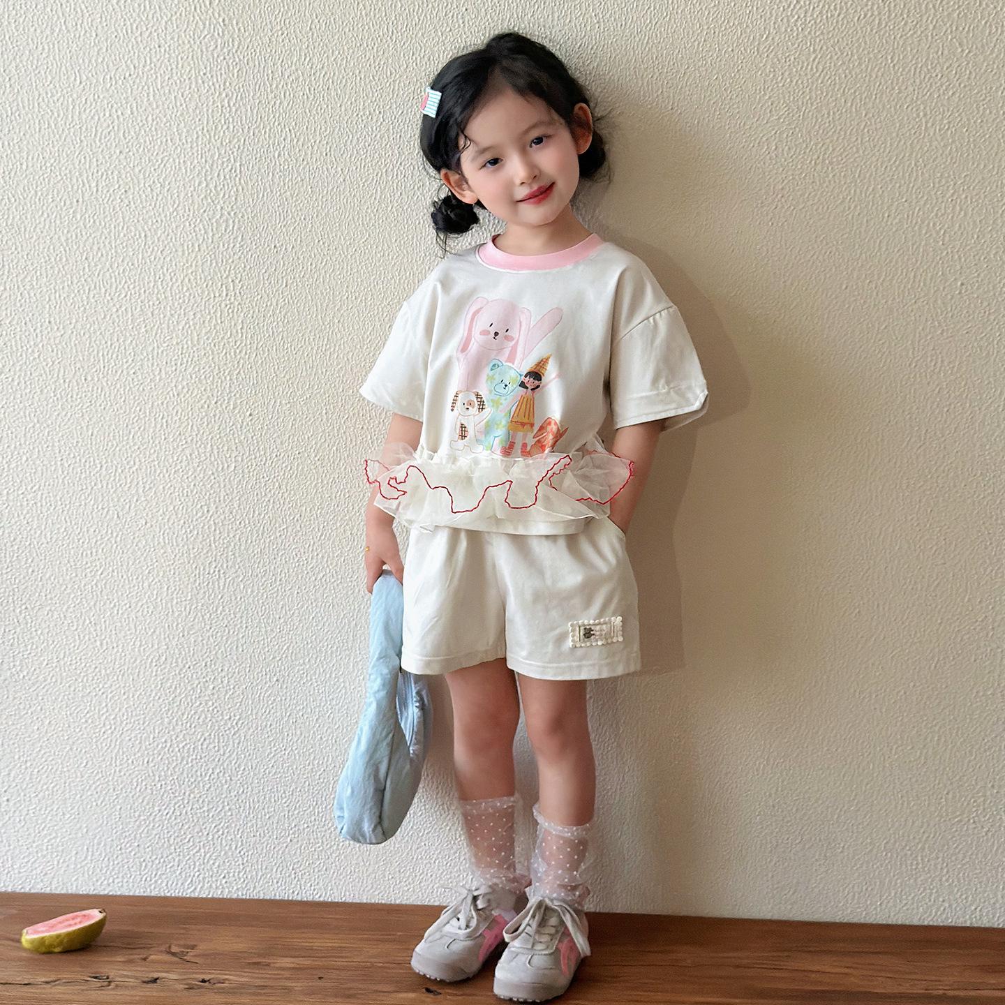 Girls Cartoon Short Sleeve & Shorts Summer Two-Piece Set, Korean Style, 2026. 100 cm бежевый