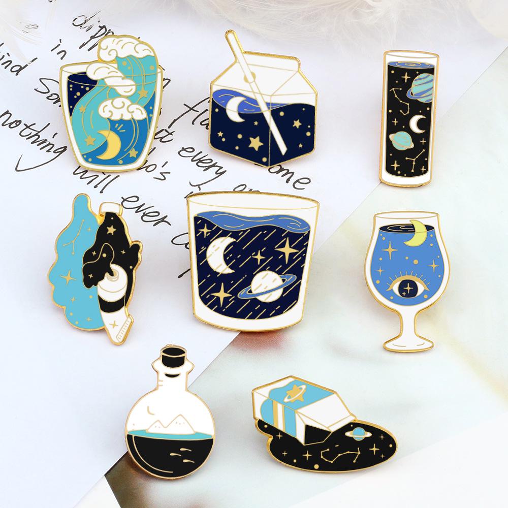 Iridescent Starry Sky Enamel Brooch: Cartoon Lapel Pin in Test Tube, Wine Glass, and Milk Shapes for Men & Women
