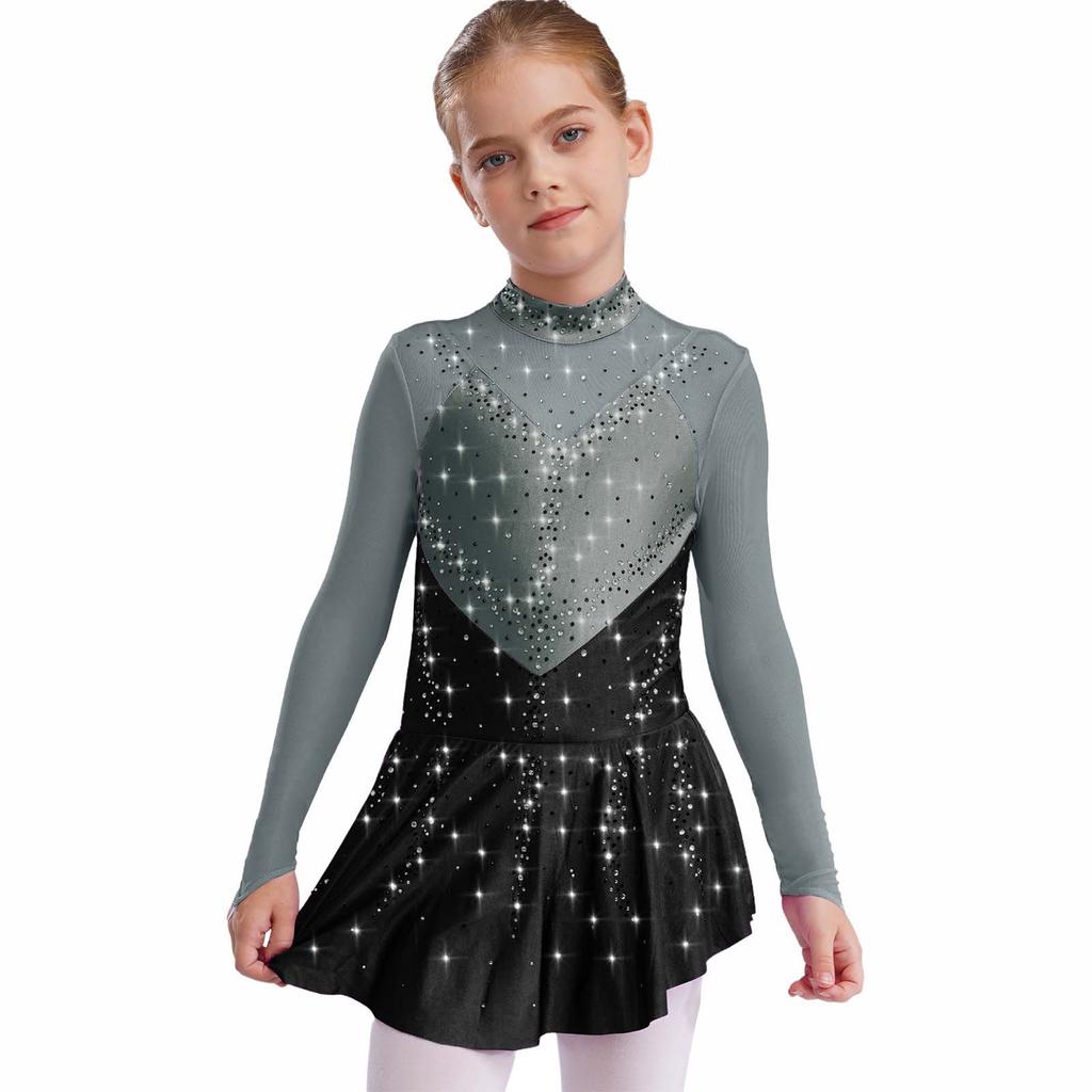 Jenter Skøytekjoler Dansedrakter Mock Neck Langermet Fargeblokk Gjennomsiktig Mesh Patchwork Skinnende Rhinestones Kjole