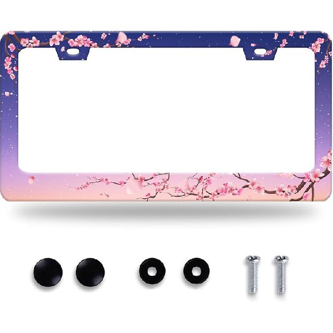 Cherry Blossom License Plate Frame Beautiful Flowers Pink License Plate Stainless Steel Funny License Plate Holder Floral Car Accessories Decoration