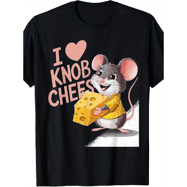 Men S Funny Cheese Lover Graphic T-Shirt - Retro Loose Fit Short Sleeve with Knob & Cheese Cartoon Design, Hot Transfer Print Casual Humor Tee for S чёрный