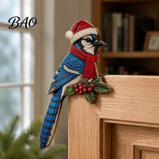 Christmas Mantel Fireplace Decor Wooden Bird Door Topper, Cute Corner Statue, Woodland Animal Frame Holiday Sign Art for Winter Home Wall Window