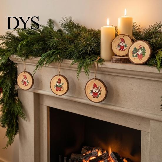 Reusable Xmas Tree Pendants 12/24/36Pcs Christmas Gnome Wooden Ornaments, Round Wood Slice Hanging Decorations, Santa Claus Tags Print Designs