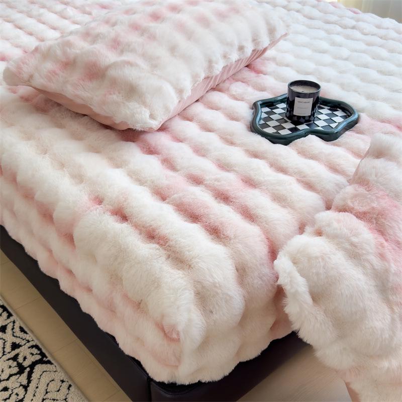 Plush Fleece-Lined Rabbit Fur Fitted Sheet Set - Double Bed, Winter Warmth, 3-Piece Mattress Protector