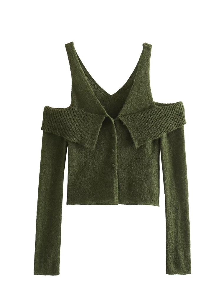 

MESTTRAF женский модный однотонный свитер 2023 с открытыми плечами и оборками, винтажный свитер с v-образным вырезом и длинными рукавами