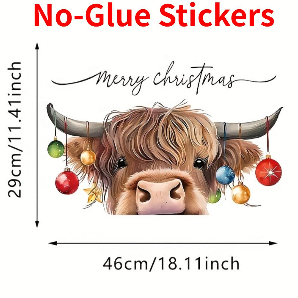 

1pc Christmas Highland Cattle Static Cling Window Glass Stickers Waterproof No Residue Living Room Shop Home Decoration