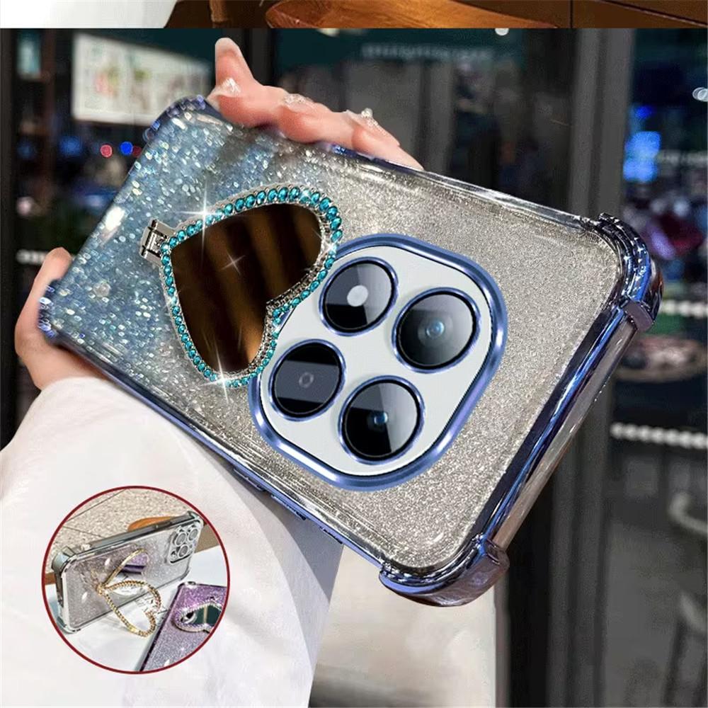 Glitter Heart Mirror Holder Stand Phone Case For OPPO Reno 15 15C 15F Pro Max 14F 13F 12F 11F Shockproof Soft Silicon Back Cover