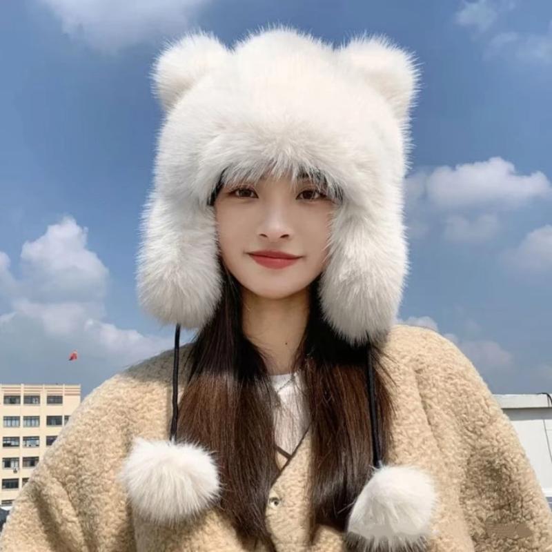 Thickened Winter Hats For Women Keep Warm Windproof Furry Trapper Hat With Cute Tail Ear Protectors Bomber Hat Winter