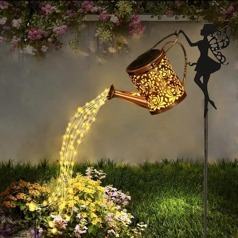 Solar Powered Watering Fairy Lights Vintage Metal Hanging Kettle Lantern Outdoor Garden Decor for Yard Patio Villa Decoration