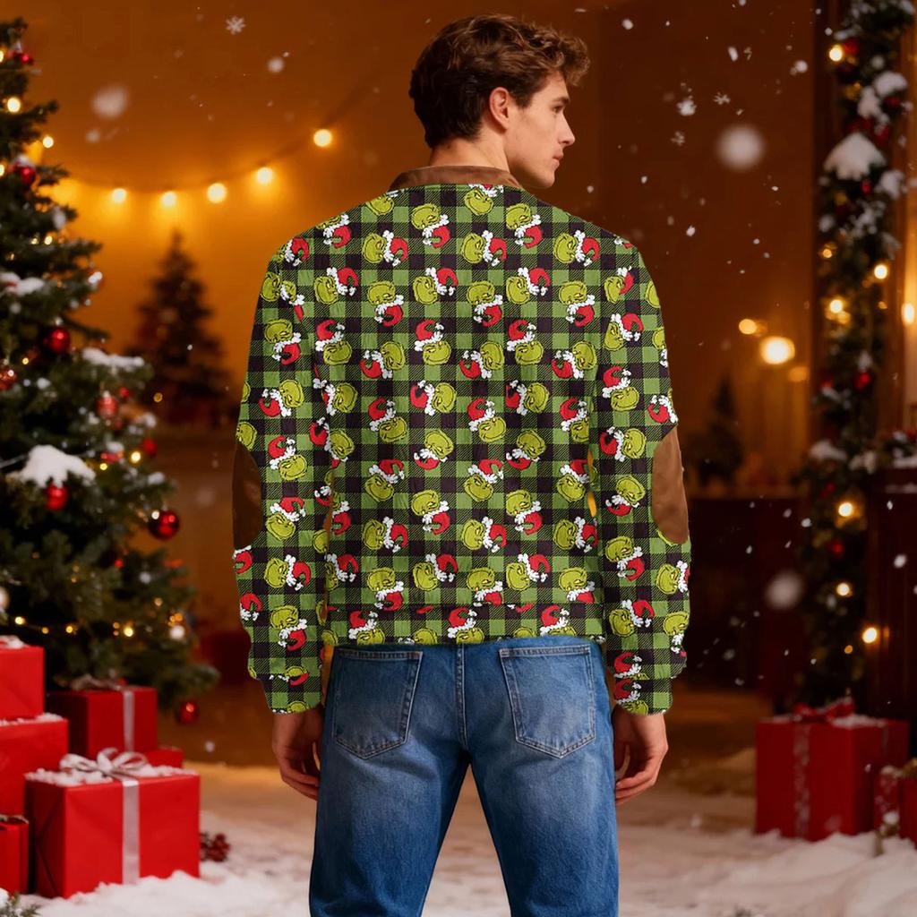 Men's Casual Cartoon-printed Semi-zipper Flannel Retro Long-sleeved Sweatshirt