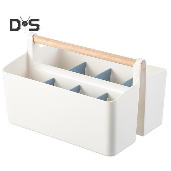 

Настольный пластиковый контейнер с деревянной ручкой, органайзер для художественных принадлежностей с регулируемыми разделителями, корзина для косметики, сумка для хранения цветных карандашей и кистей L синий