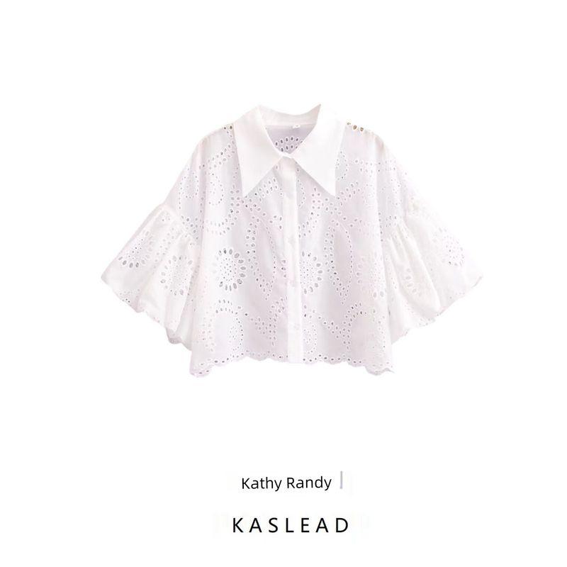 Kaslead New Arrival Women's Clothing Fashion Style Fashion All-Match Minimalist Embroidery Short Puff Sleeve Shirt