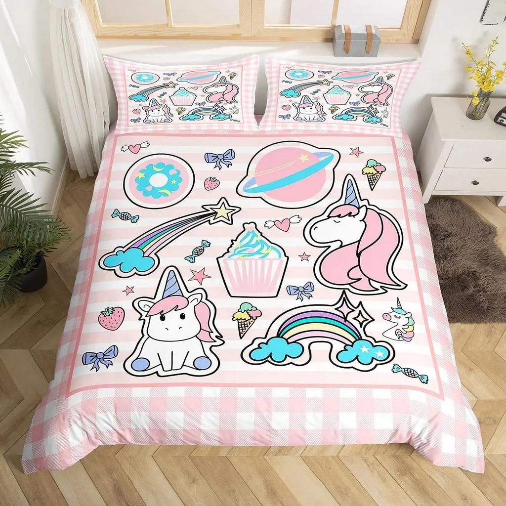 Unicorn Cartoon Duvet Cover Cute Print Microfiber Bedding Set 2/3pcs Single Double Bed Kids Bedroom Decoration Gift