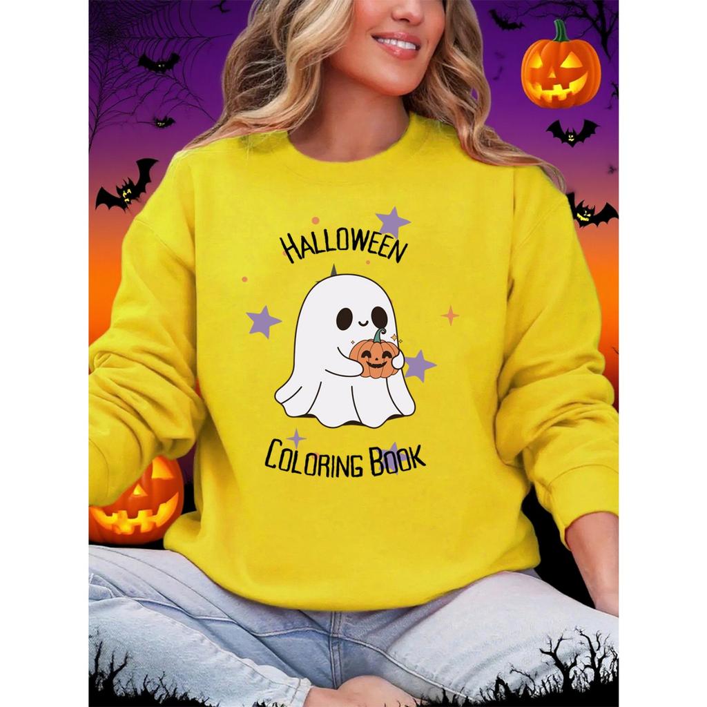 Halloween Coloring Book Printing Sweatshirts Women Winter Fleece Warm Hoodie O-Neck Loose Pullover Basics Sporty Womans Clothes