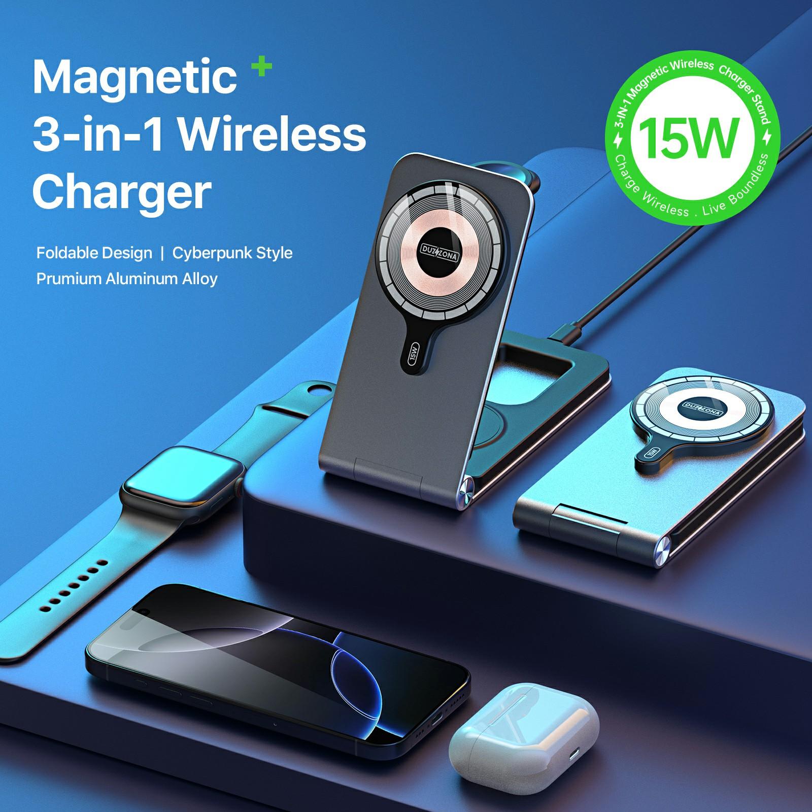 

DUZZONA W22 15W 3-in-1 Magnetic Wireless Charger Folding Portable Phone Charger for Earbuds,iWatch