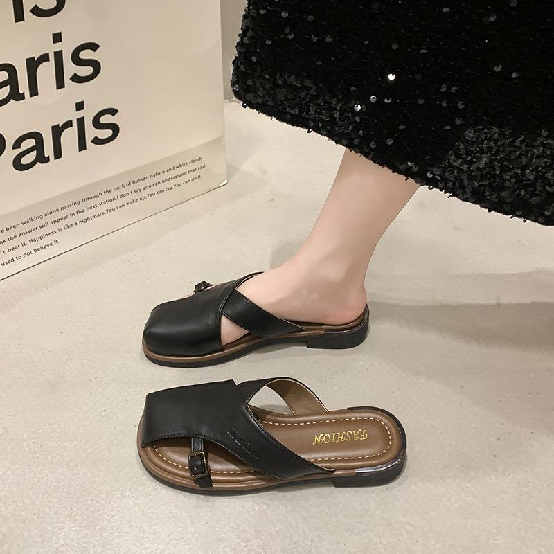 Thick-bottomed cool slippers niche design bag head slippers women's outer wear Xia Xin fashion retro one pedal