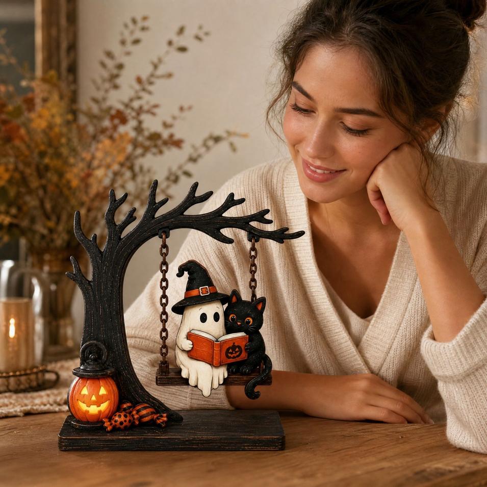 Halloween Wooden Reading Bookshelf Decoration Desktop Tabletop Ornament for Holiday Home Decor